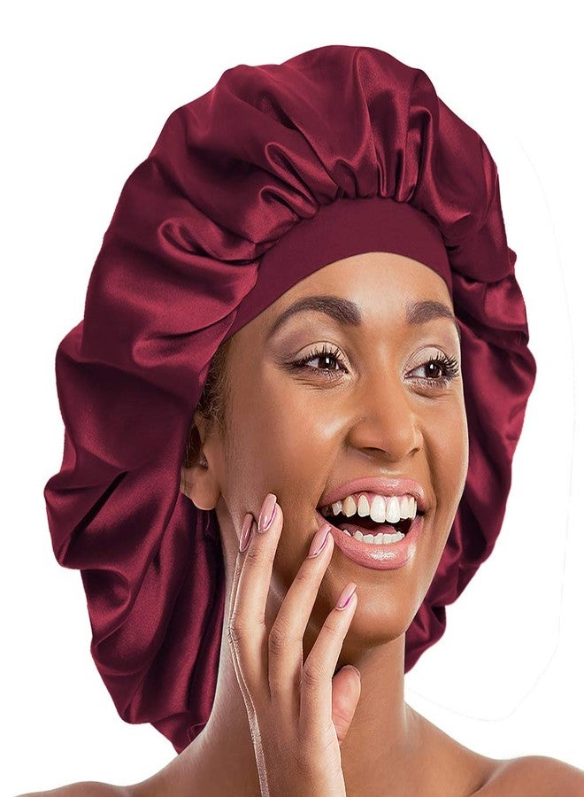 Alnorm Silk Satin Bonnet Sleep Cap Extra Large for Braids Locs Curls Hair Wine Red - Image 2